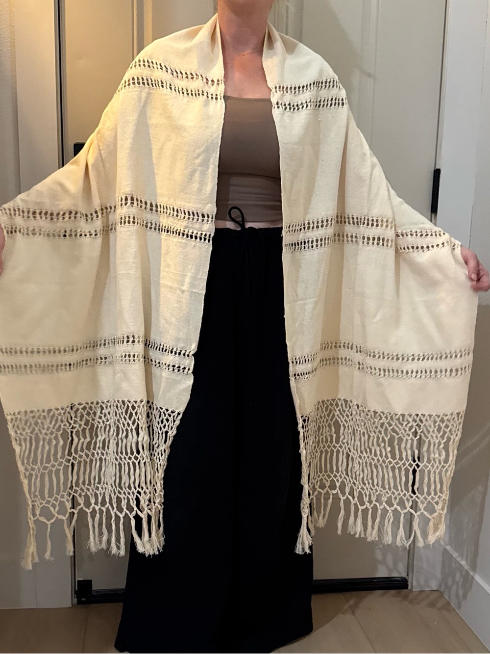 Vintage crochet Fringe Open Front Shawl